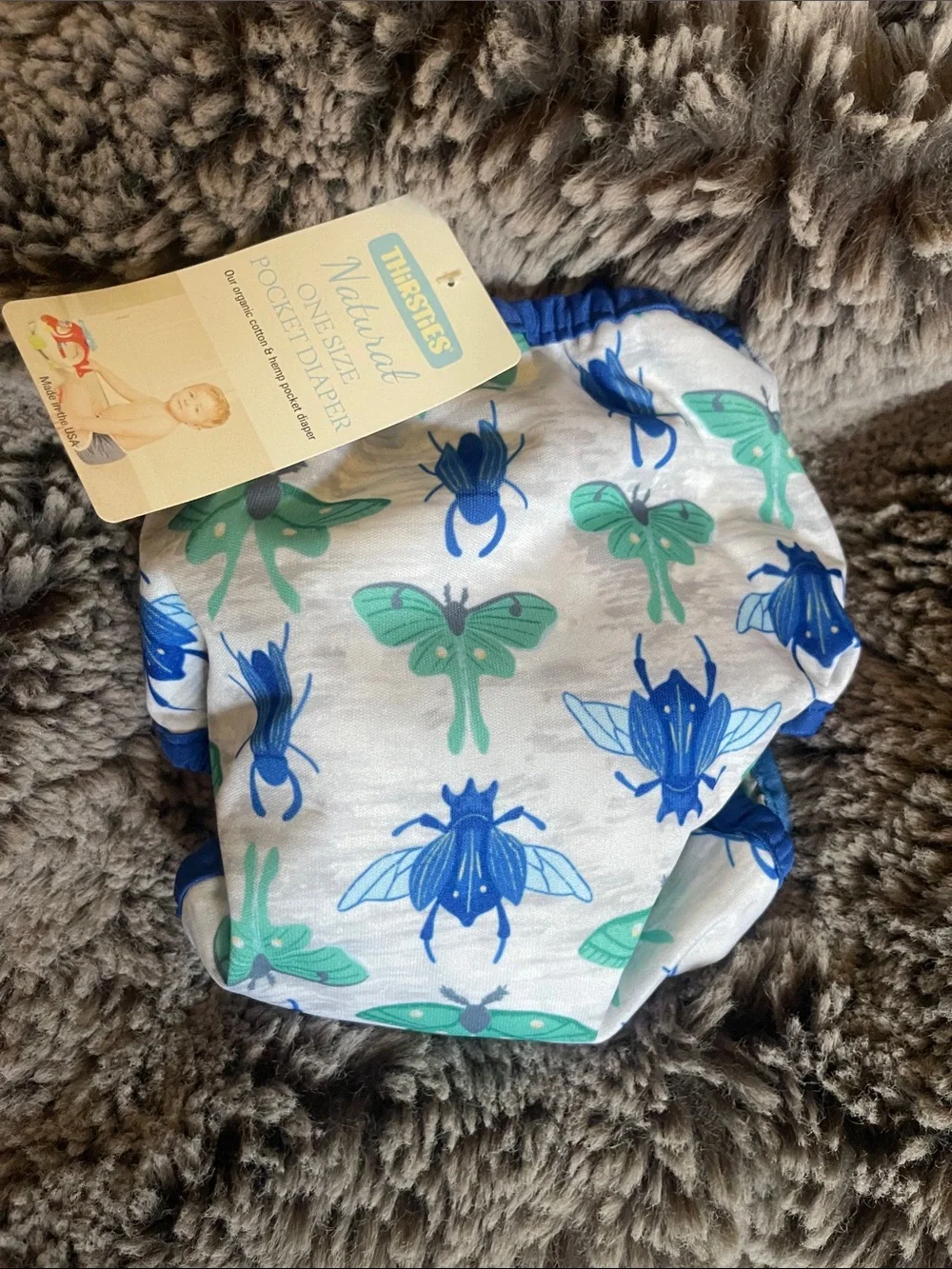New Reusable Kids Diaper Cover in White Blue & Green Bug Print